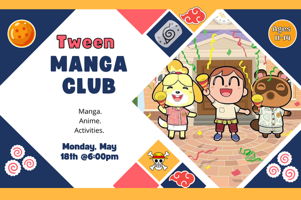 Three animal Crossing characters smile and wave at the audience. Various anime symbols frame the text "Tween Manga Club: "