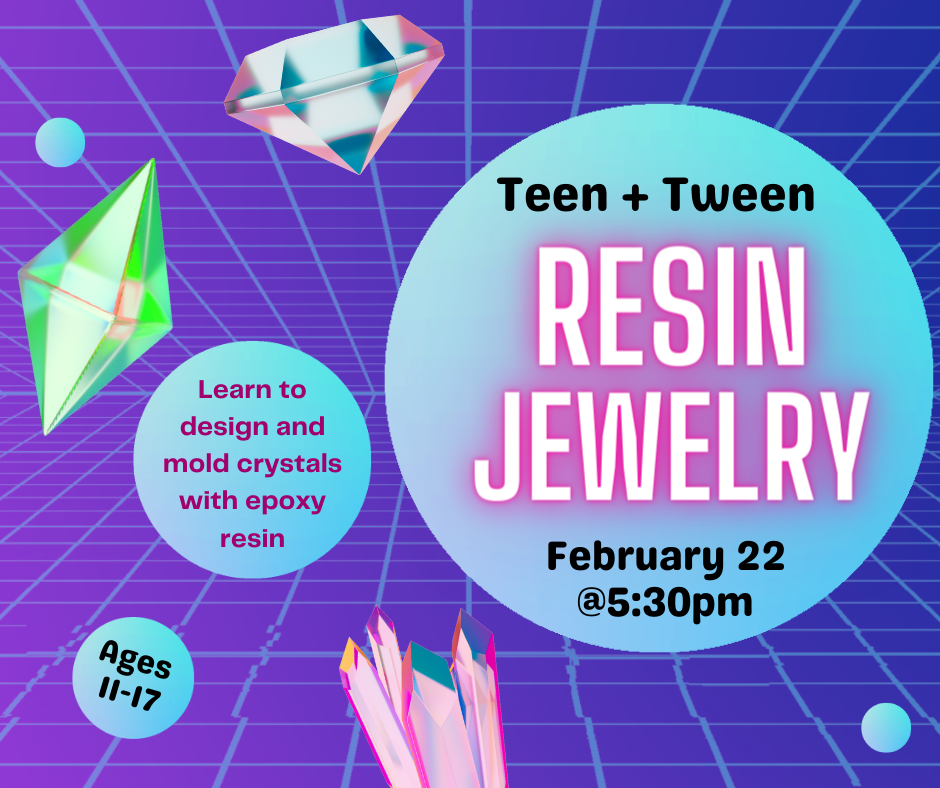 Text that says "Resin Jewelry" with pictures of crystals and diamond on a retro 80s background